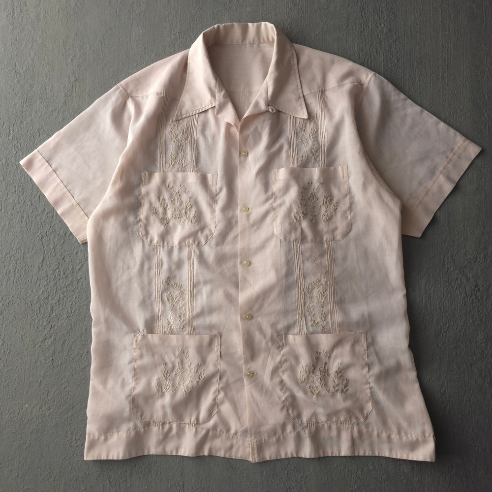 Vintage 70s Pink Guayabera Shirt L Short Sleeve Embroidered Mexico